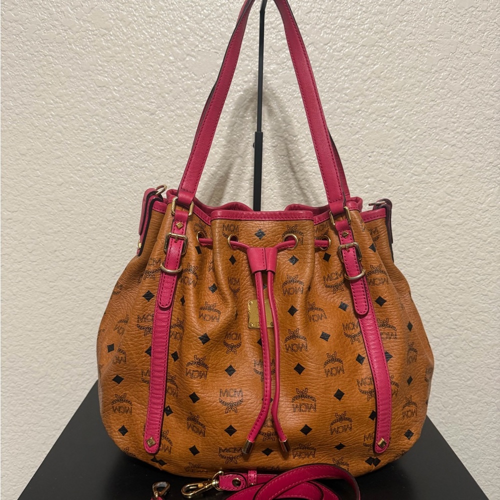 MCM Cognac Visetos Drawstring Shoulder Bag with Pink Trim